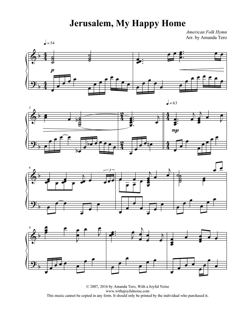 Jerusalem, my Happy Home late intermediate piano solo