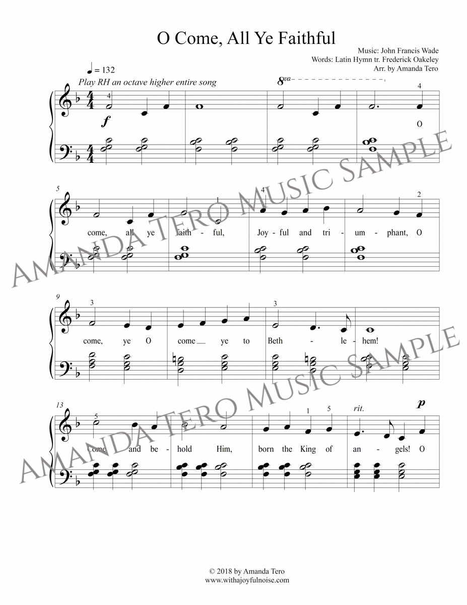 O Come, All Ye Faithful elementary Christmas piano sheet music solo