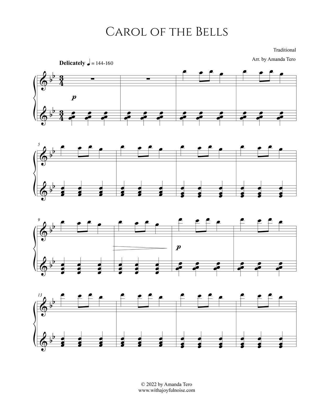 Carol of the Bells/Ukrainian Bell Carol - Christmas intermediate piano sheet music solo