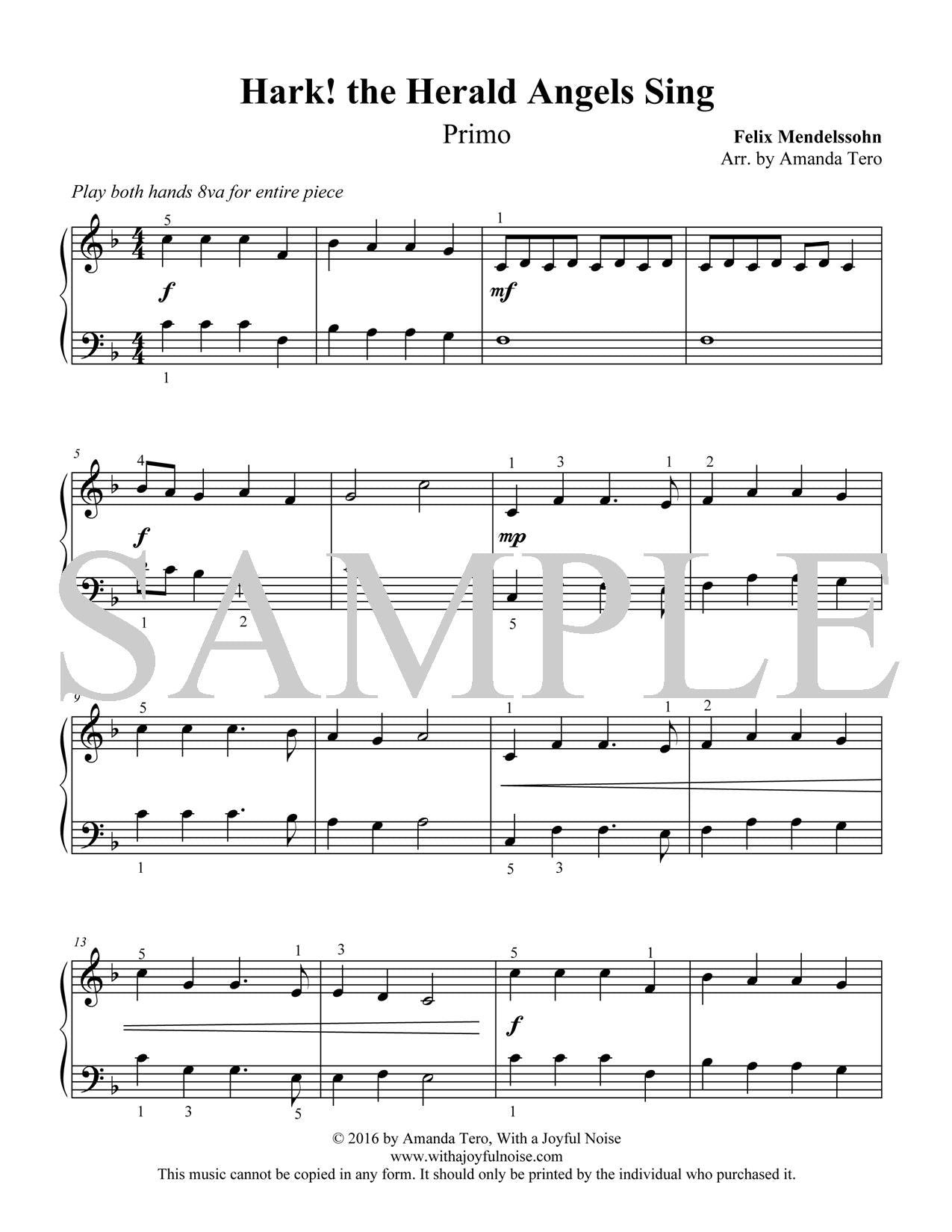 Hark! the Herald Angels Sing - intermediate piano duet sheet music