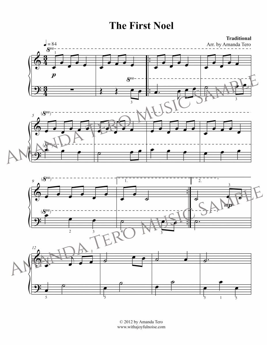 The First Noel with left hand melody elementary Christmas piano sheet music