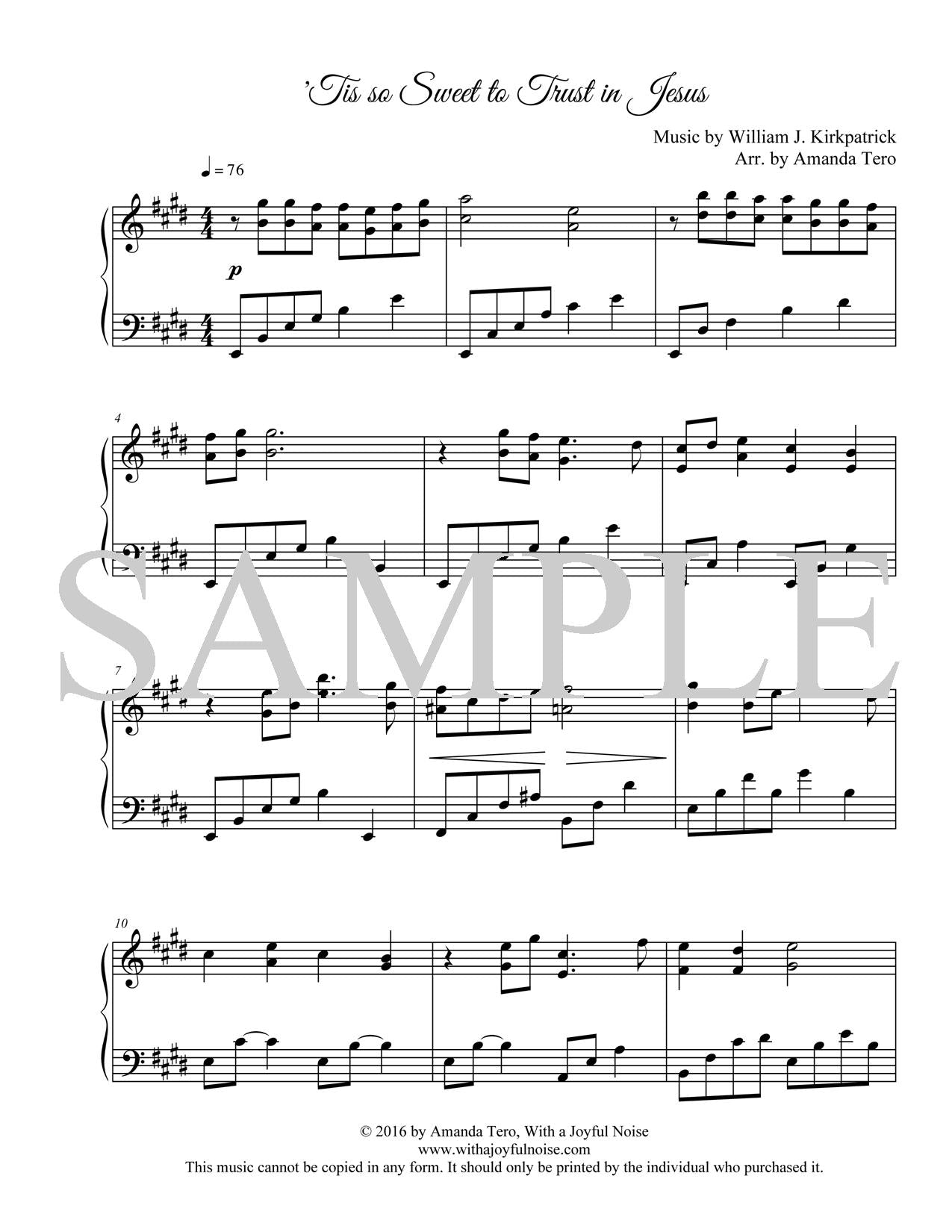 'Tis so Sweet to Trust in Jesus - intermediate piano sheet music solo